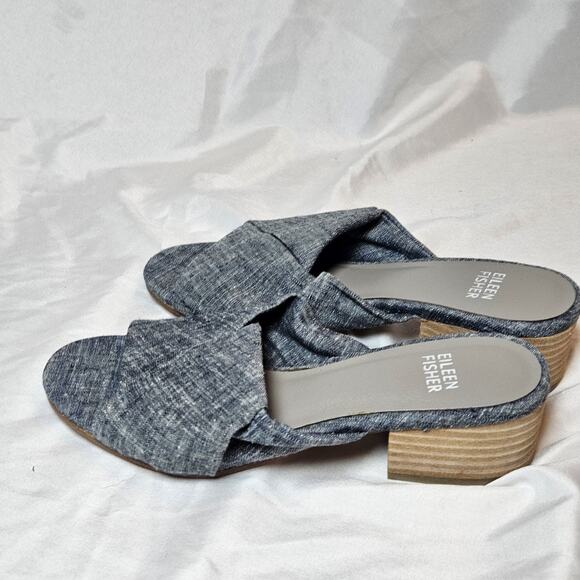 Eileen Fisher Ruche Slide Mule Blue Denim Block Heel Sandal Women's Size 5.5 - Picture 4 of 6